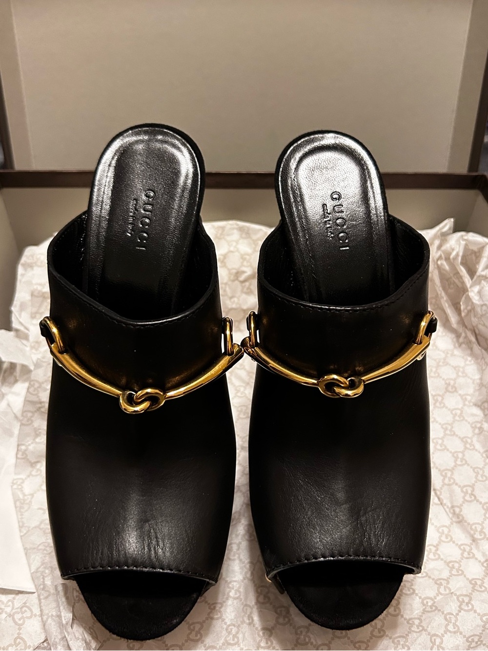 Gucci Platform Black Leather Mules with Gold Horsebit